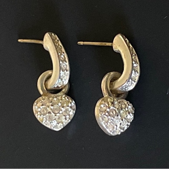 Carolee Heart Shaped Earrings Danlgles Rhinestones Silver - Picture 3 of 4
